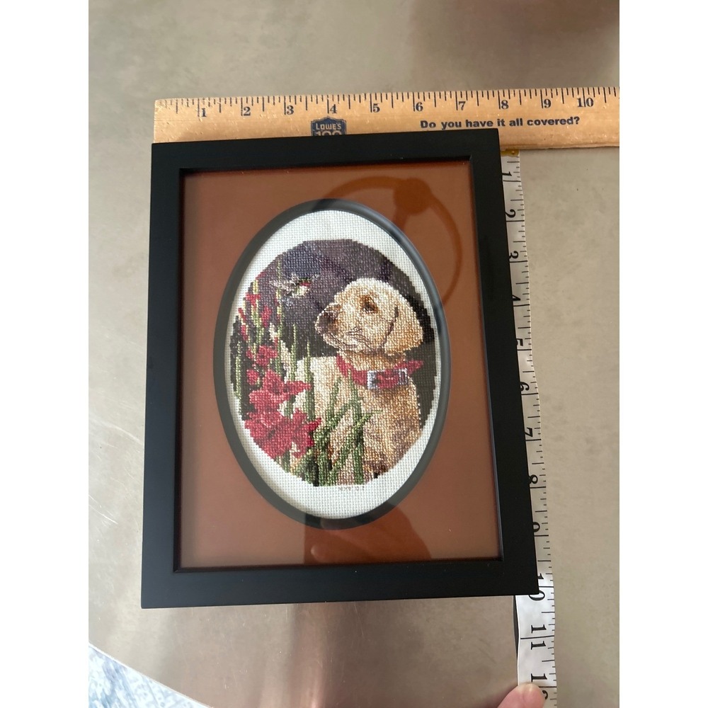 Framed Yellow Labrador Puppy Cross Stitch Art Hummingbird Flowers 7x9 Black Fram - Picture 4 of 4